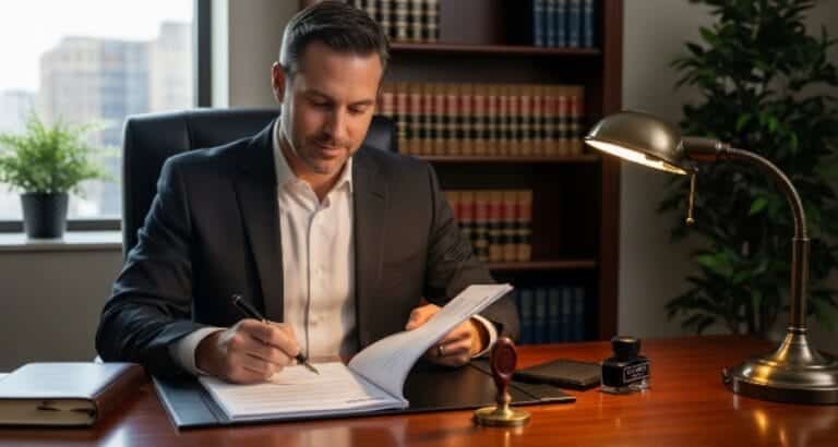 A notary public in action, surrounded by documents and a notary seal, symbolizing trust and legal assurance.
